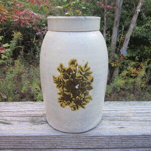 Stoneware Crock Cream with Flower Decal 8 3/4" Tall Approx. Rustic Farm Antique